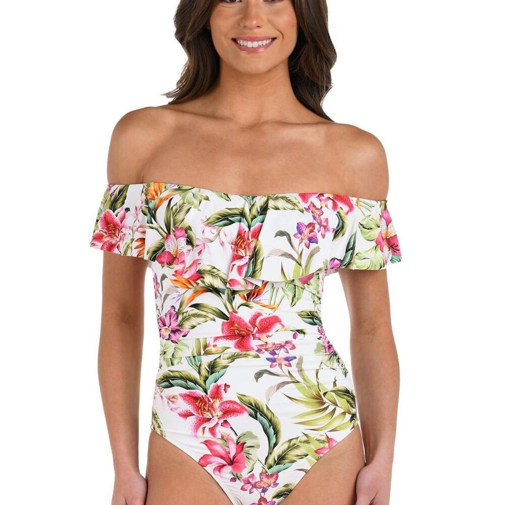 Kona Sol White Floral Off-Shoulder One-Piece Swimsuit